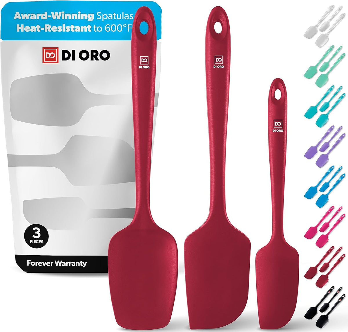 di Oro Living Silicone Spatula Set - 3-piece 600F Heat-Resistant Baking Spoon & Spatulas - Ergonomic Easy-to-Clean Seamless One-Piece Design - Pro Grade Non-stick Rubber with Stainless Steel S-Core Technology! (Red)