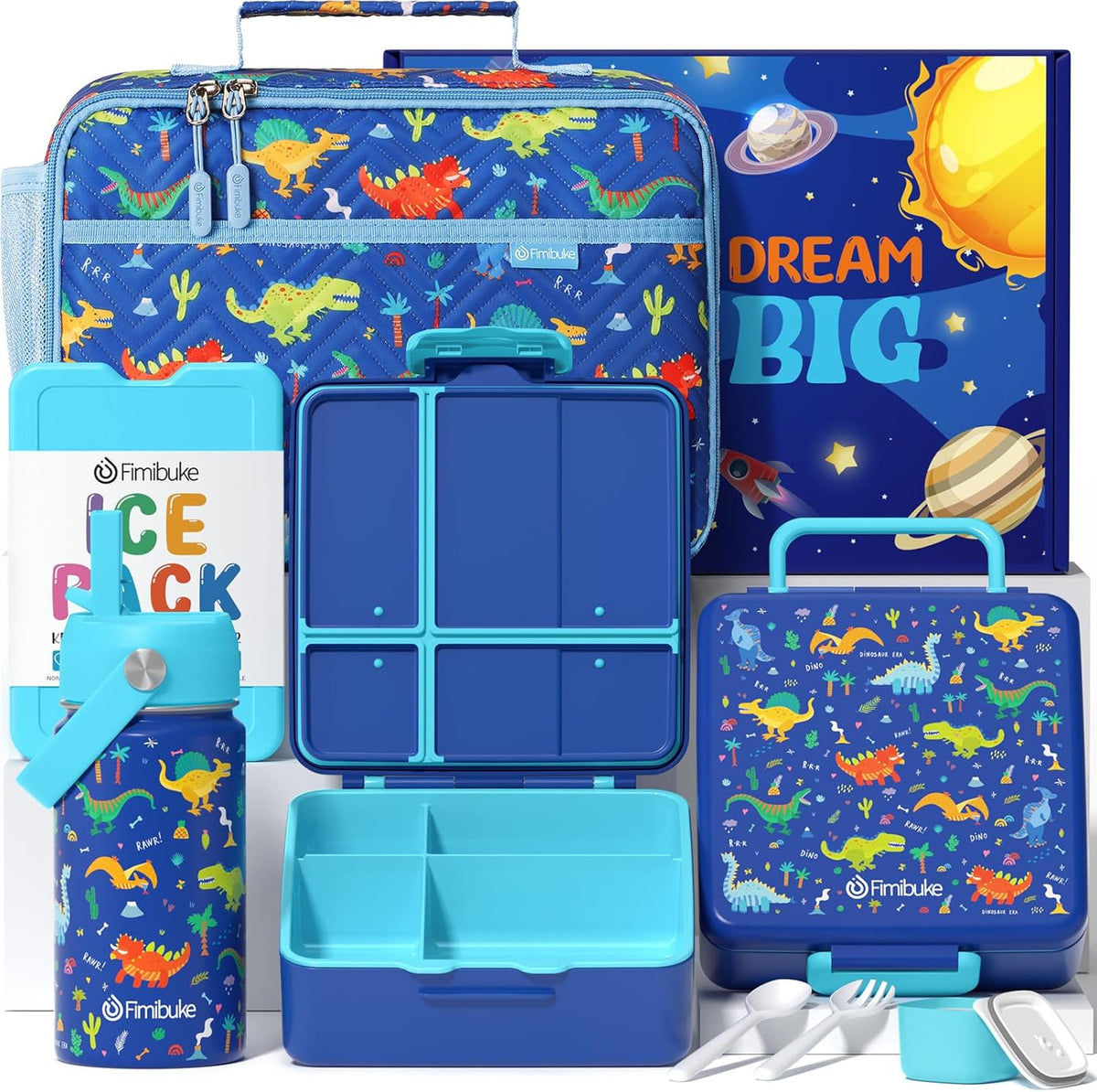 Fimibuke Kids Bento Lunch Box with 4 Compartments, Insulated lunch Bag, Stainless Steel Insulated Water Bottle, Ice Pack & Utensils Set, Birthday Gifts for Ages 3-12 Back to School Toddler Girls Boys