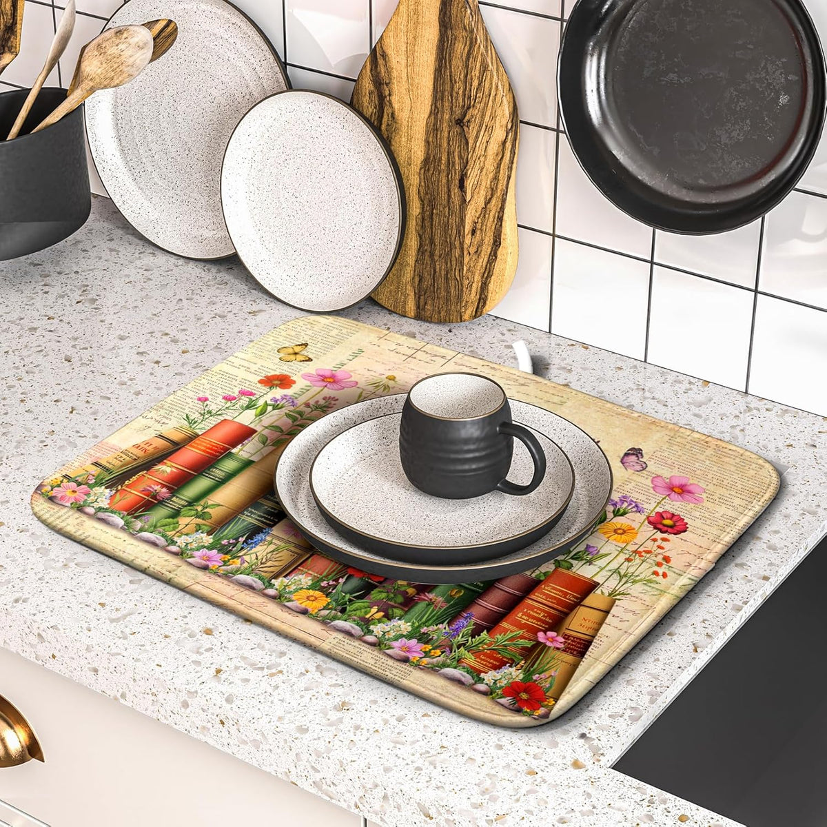 Colorful Books Kitchen Drying Mat - Watercolor Floral Drying Matt Kitchen Counter 16 X 18 In