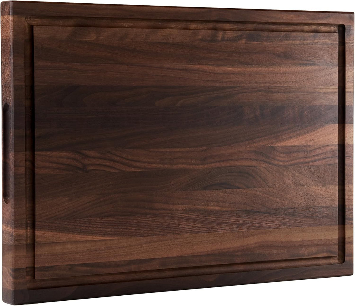 American Dark Walnut Wood Cutting Board 17x12 x1in for Kitchen with Juice Groove, Inner Handles, Gift Box, Thick Wooden Cutting Board Finished with Linseed Oil, Beeswax, Carnauba Wax, Lemon Oil