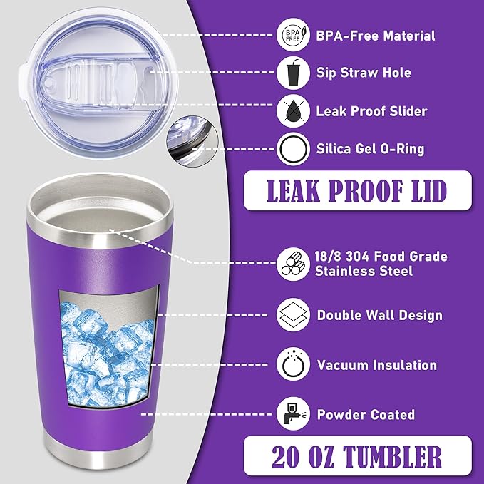 20 oz Tumbler Coffee Travel Tumblers Bulk with Lid Stainless Steel Double Wall Vacuum Insulated Mug Powder Coated Cups fit Car Cupholder for Hot and Cold - Purple, 4Pack