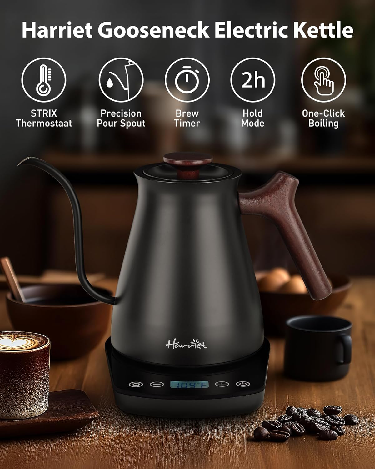 Harriet Gooseneck Electric Kettle - 1200W Fast Heat, 0.8L Stainless Steel, Precision Temp Control & Timer, Wood Handle, Pour Over Coffee and Tea, Black