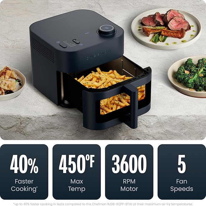 Chefman Crispinator Air Fryer 6-in-1 with 8 Qt capacity, 450°F Max Temp with TurboFry Pro Technology for Fast and Even Results, Viewing Window, Nonstick Ceramic Basket