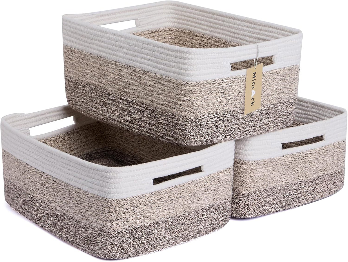 Large Storage Baskets for Organizing, Closet Shelf Baskets for Clothes Blanket Towels, Baby Nursery, Toy Bins Box, Woven Rope Basket, 17 x 13 x 7.5”, 3 Packs Gradient Brown