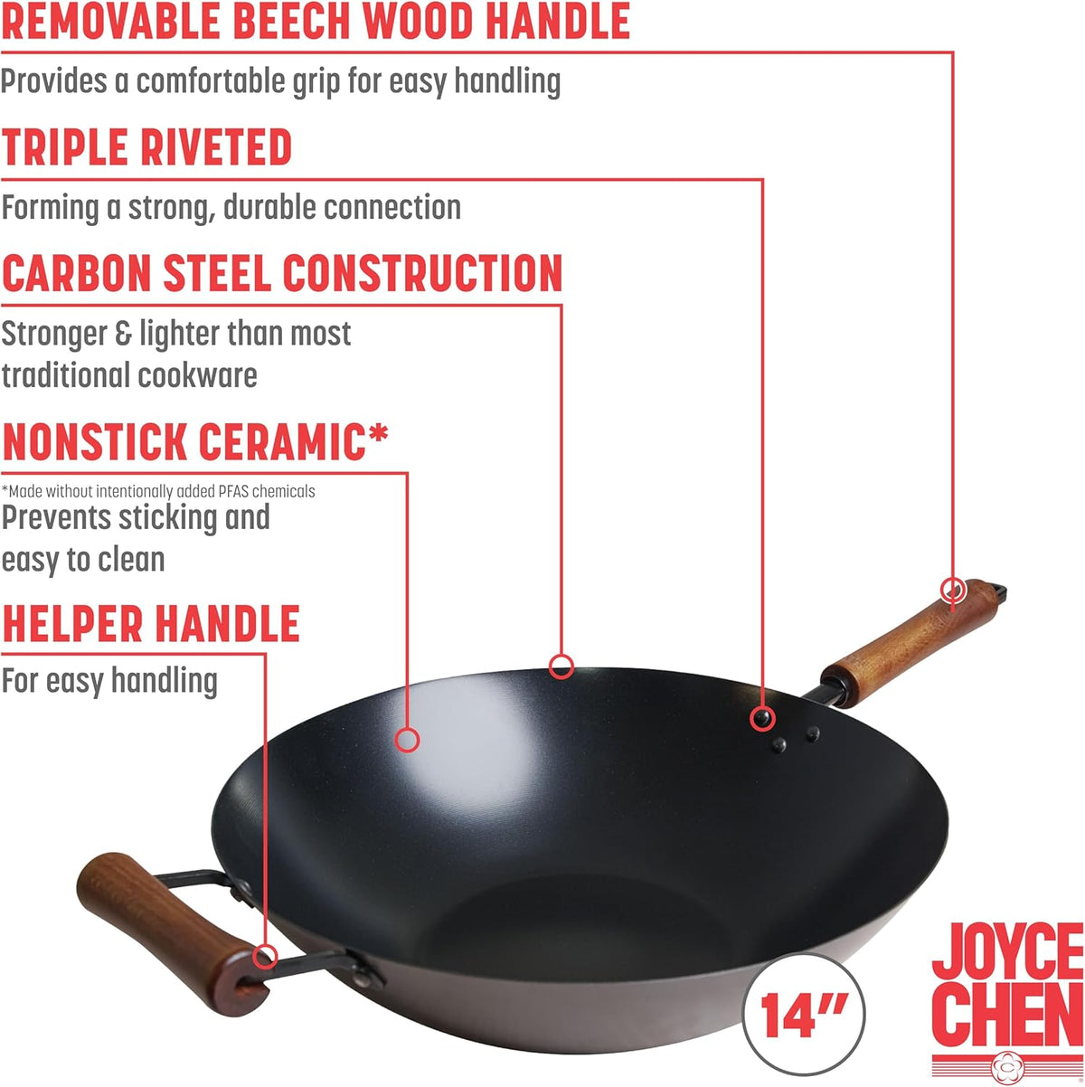 JOYCE CHEN Classic Series 14-Inch Ceramic Nonstick Carbon Steel Wok