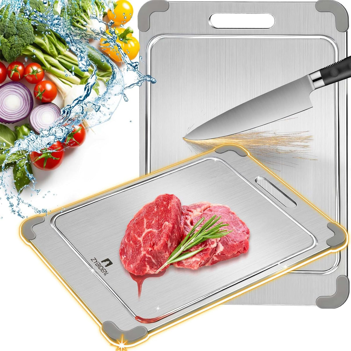 100% Pure Titanium Cutting Board with Grooves, Update Double Side Titanium Chopping Board, Silicone Anti-slip Stainless Cutting Boards for Kitchen 8 * 12, Grey
