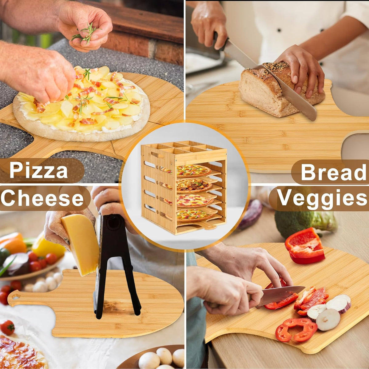 Pizza Peel Rack Stand Wooden, 4 Pack of 12 Inch Pizza Peels Wood Non-Stick, Pizza Peel Rack Holder with Top Storage Free Container Divider, Cutting Grooves for Easy Pizza and Bread Making