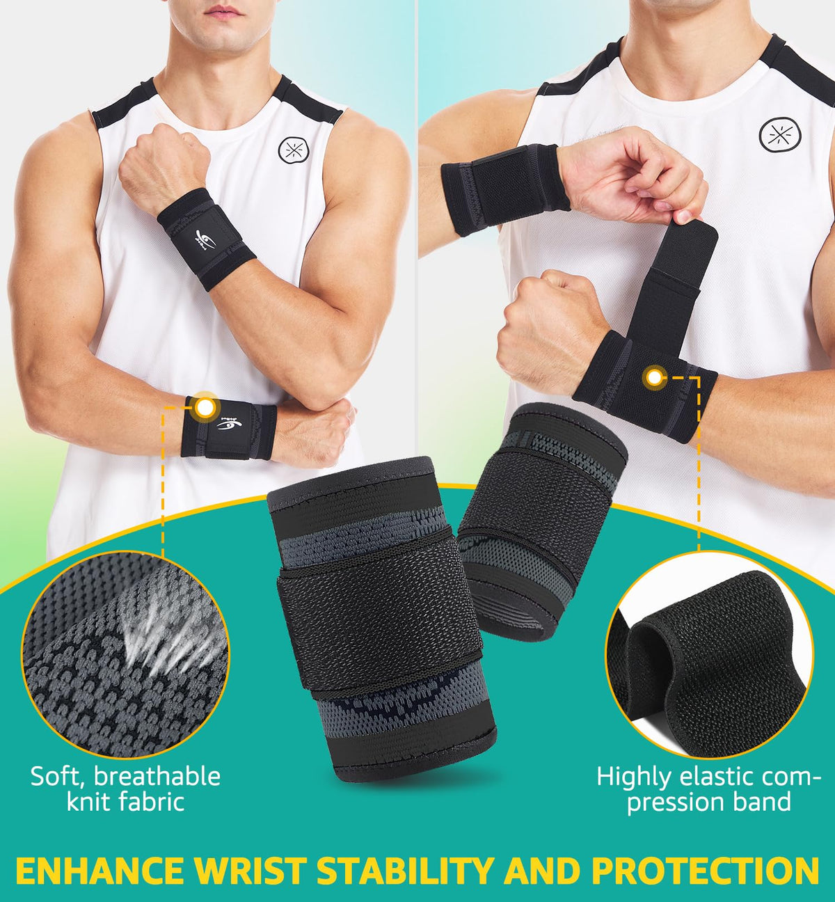 HiRui Wrist Brace/Wraps Wrist Compression Strap and Support for Work Fitness Weightlifting Sprains Tendonitis, Carpal Tunnel Arthritis, Pain Relief, Adjustable Wristbands 2 PACK (Black, M)