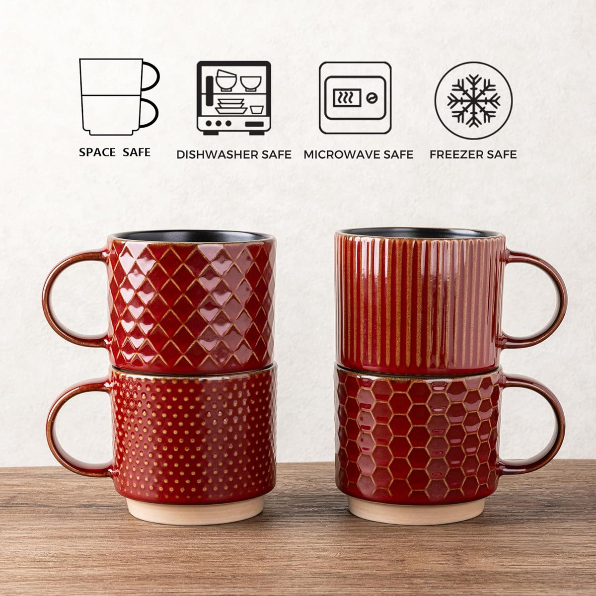 GBHOME 12 OZ Stackable Coffee Mugs, Ceramic Coffee Cups with Texture Patterns for Man,Woman,Dad,Mom, Modern Coffee Mugs Set of 4 for Latte/Cappuccino/Cocoa. Dishwasher&Microwave Safe, Red