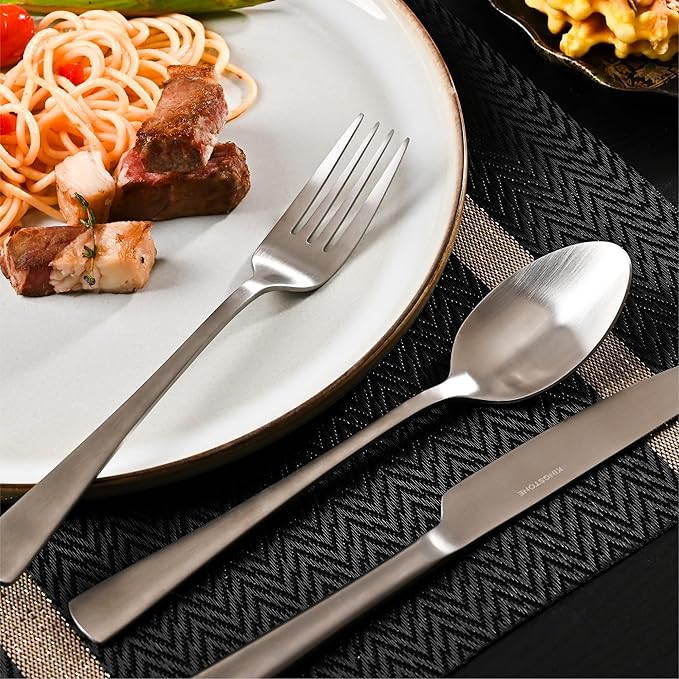 KINGSTONE Forged Silverware Set, 20 Piece Flatware Set for 4, 18/10 Stainless Steel Silverware Matte Satin Finish Dishwasher Safe