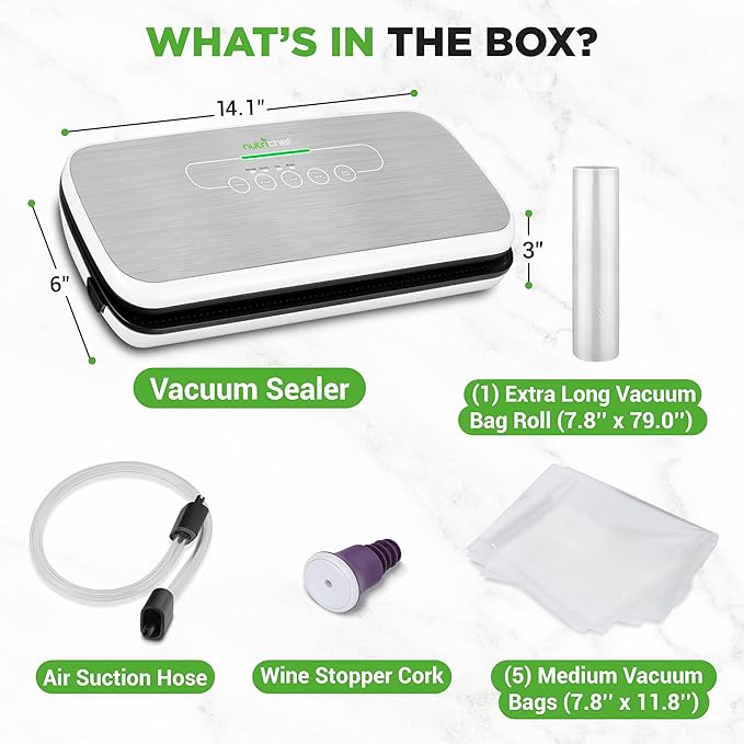 NutriChef Food Vacuum Sealer Machine - Automatic Air Sealing System for Dry & Moist Foods, LED Touch Controls, Includes Vacuum Bags, Hose & Wine Stopper, High Suction Power, 14"x6"x3", Silver