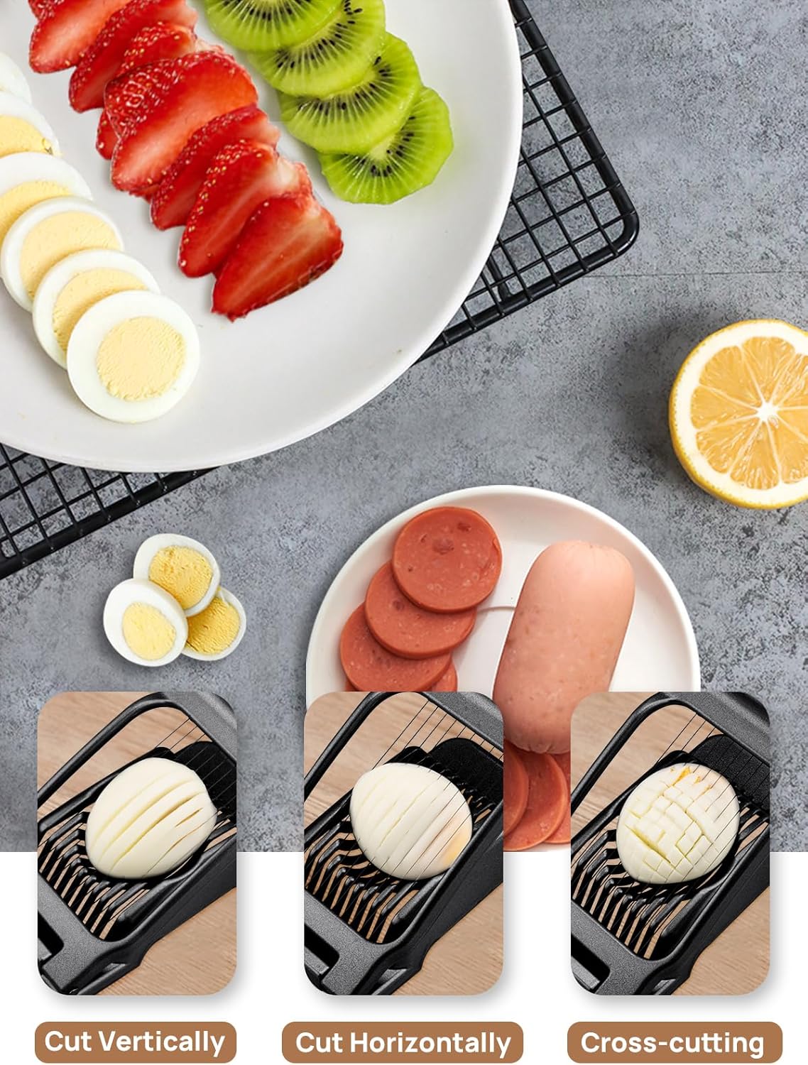 BIBURY Egg Slicer, Egg Cutter for Hard Boiled Eggs, Heavy Duty Aluminium Slicer for Egg Mushroom Strawberry Soft Fruit, Stainless Steel Wires, Dishwasher Safe & Easy to Clean (Black)