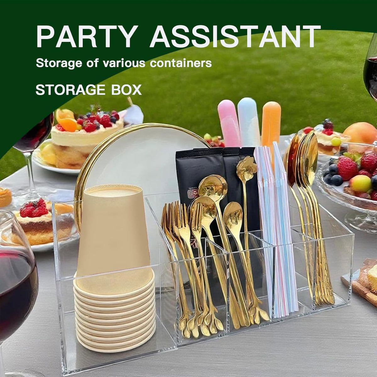 Utensil Holder for Party, Plastic Silverware Holder and Acrylic Cutlery Organizer for Paper Plates, Napkins, Cups, and Silverware - Countertop Caddy for Camping, Picnic, Buffet, Table Entertaining