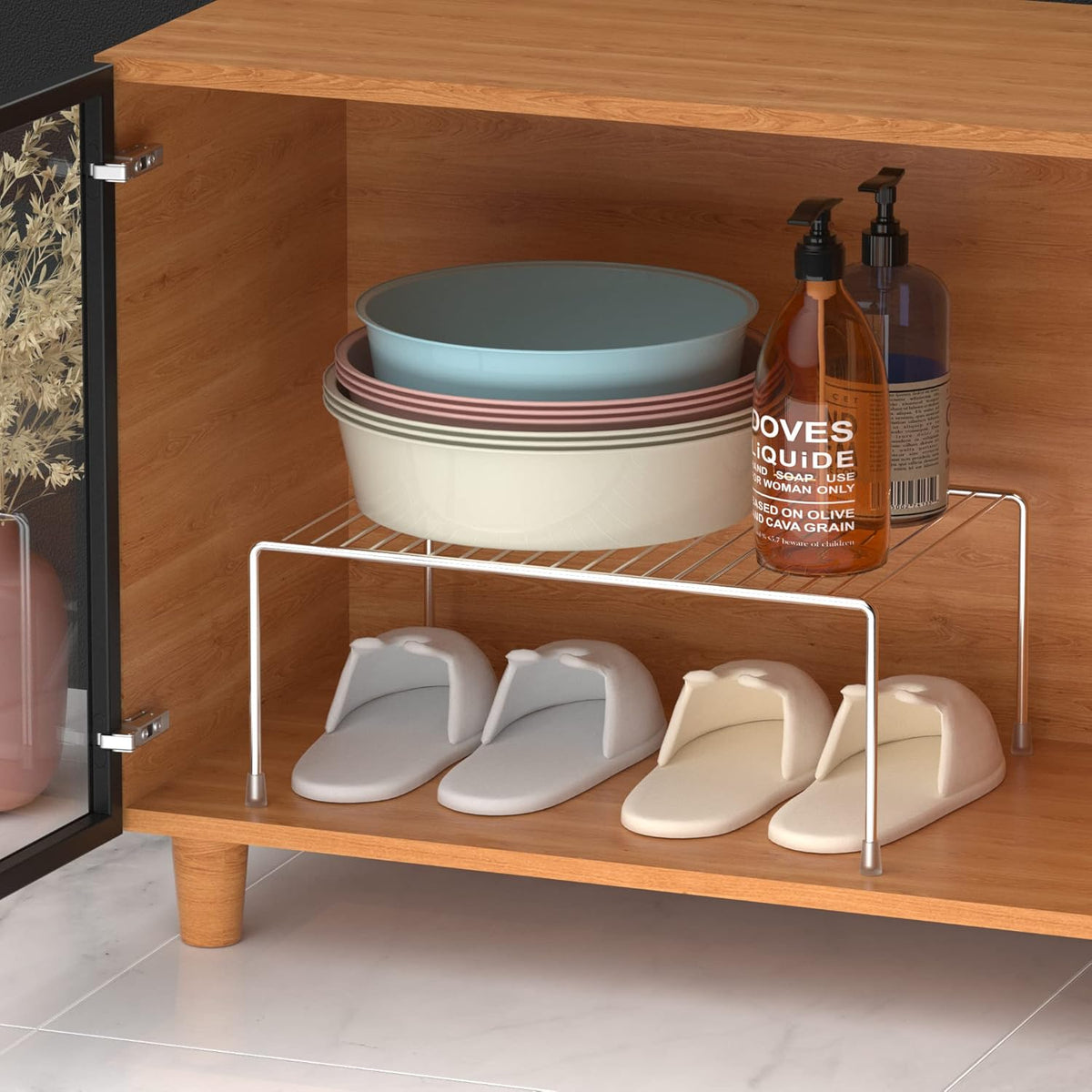 iPEGTOP Set of 6 Large (15.7 x 9.4 Inch) Kitchen Cabinet Organizer Shelf, Wire Freezer Storage Shelves Rack, Rustproof Steel Metal Shelf Riser for Dish Plates Pantry Cupboard Organization, Chrome