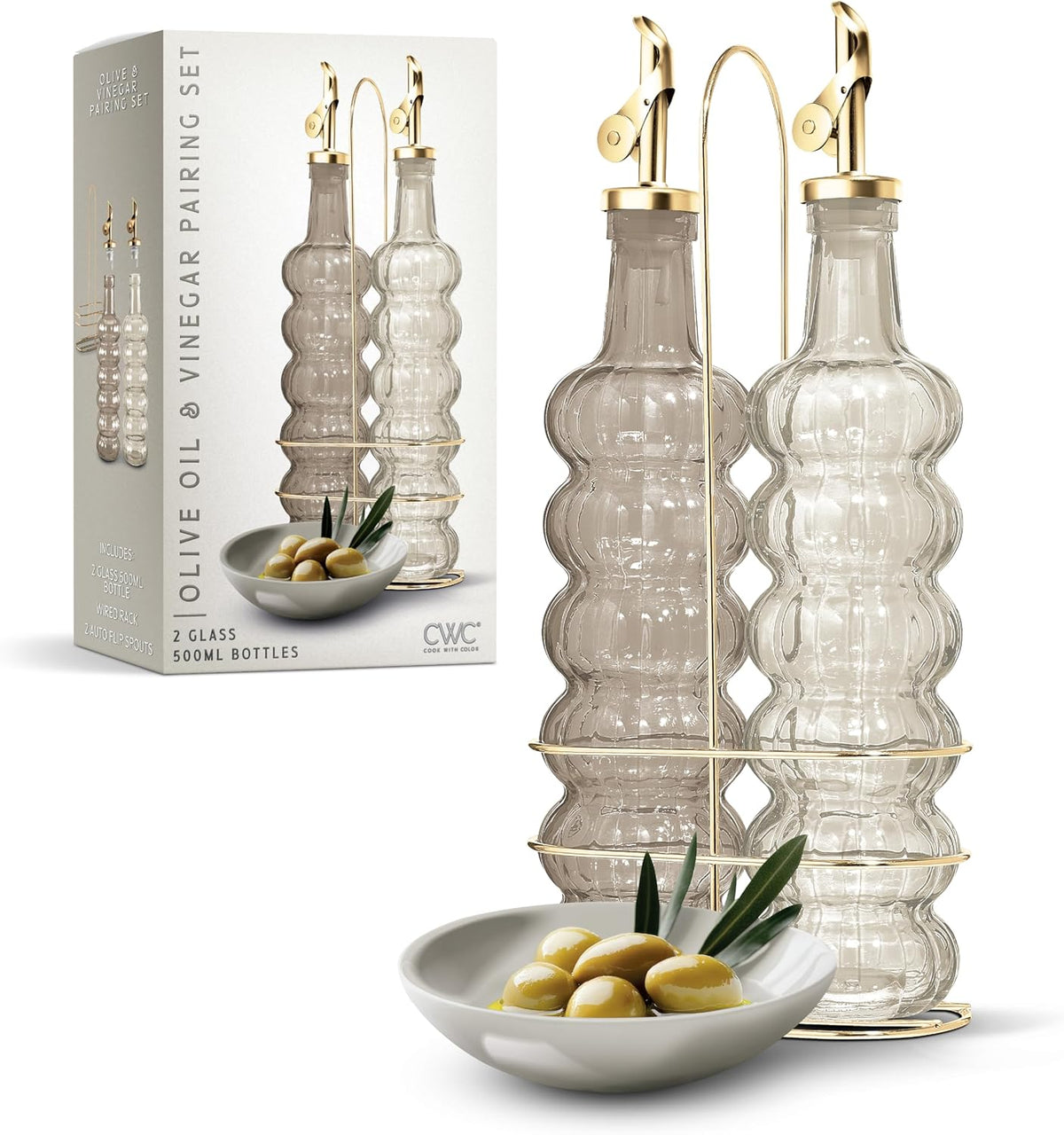 COOK WITH COLOR Glass Olive Oil Bottle Dispenser - 2 Pack- 17oz Oil and Vinegar Cruet - Olive Oil Carafe Decanter for Kitchen