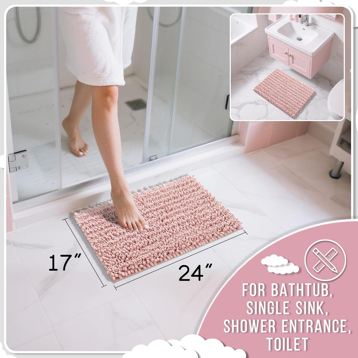 Yimobra Bathroom Rugs Non Slip Washable 24x17 Inch - Ultra Soft Absorbent Chenille Bath Mat, Quick Dry Shaggy Floor Carpet for Tub Shower, Light Pink Home Decor Accessories