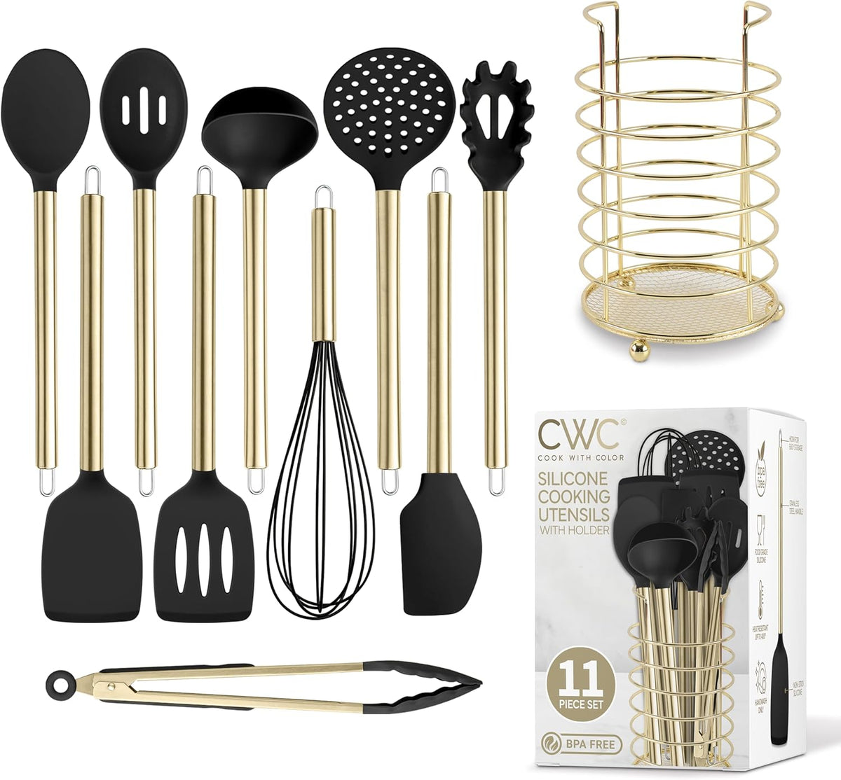 COOK WITH COLOR Silicone Cooking Utensils, Kitchen Utensil Set, Easy to Clean Silicone Kitchen Utensils, Cooking Utensils for Nonstick Cookware, Kitchen Gadgets Set with Holder, 10 Pieces
