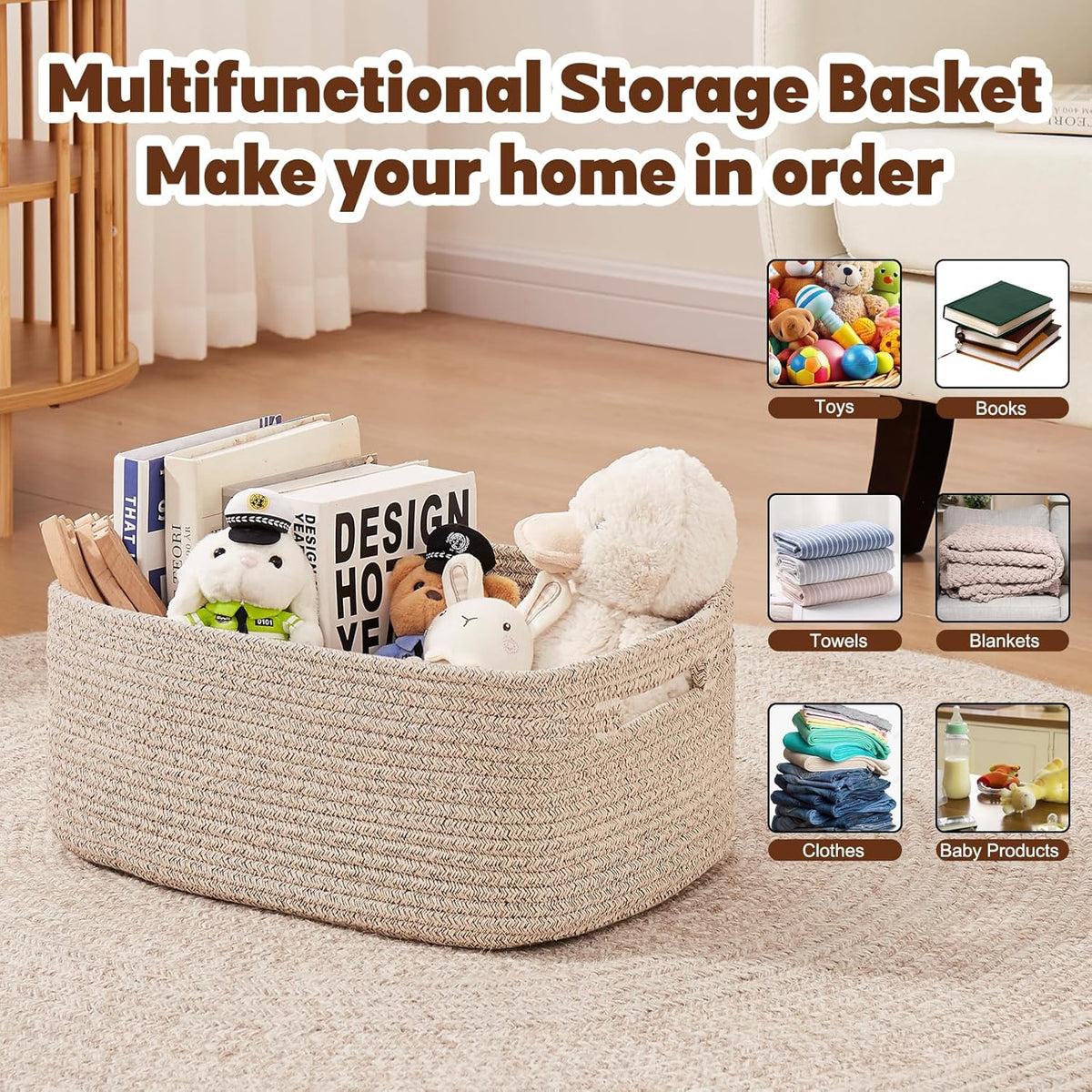 OIAHOMY Storage Basket for Shelves, Closet Cube Storage Bins Baskets for Clothes Blanket Towels, Baby Nursery, Toy Box, Woven Rope Basket, 15.75*11.81*7.09 IN, 2 Packs Brown