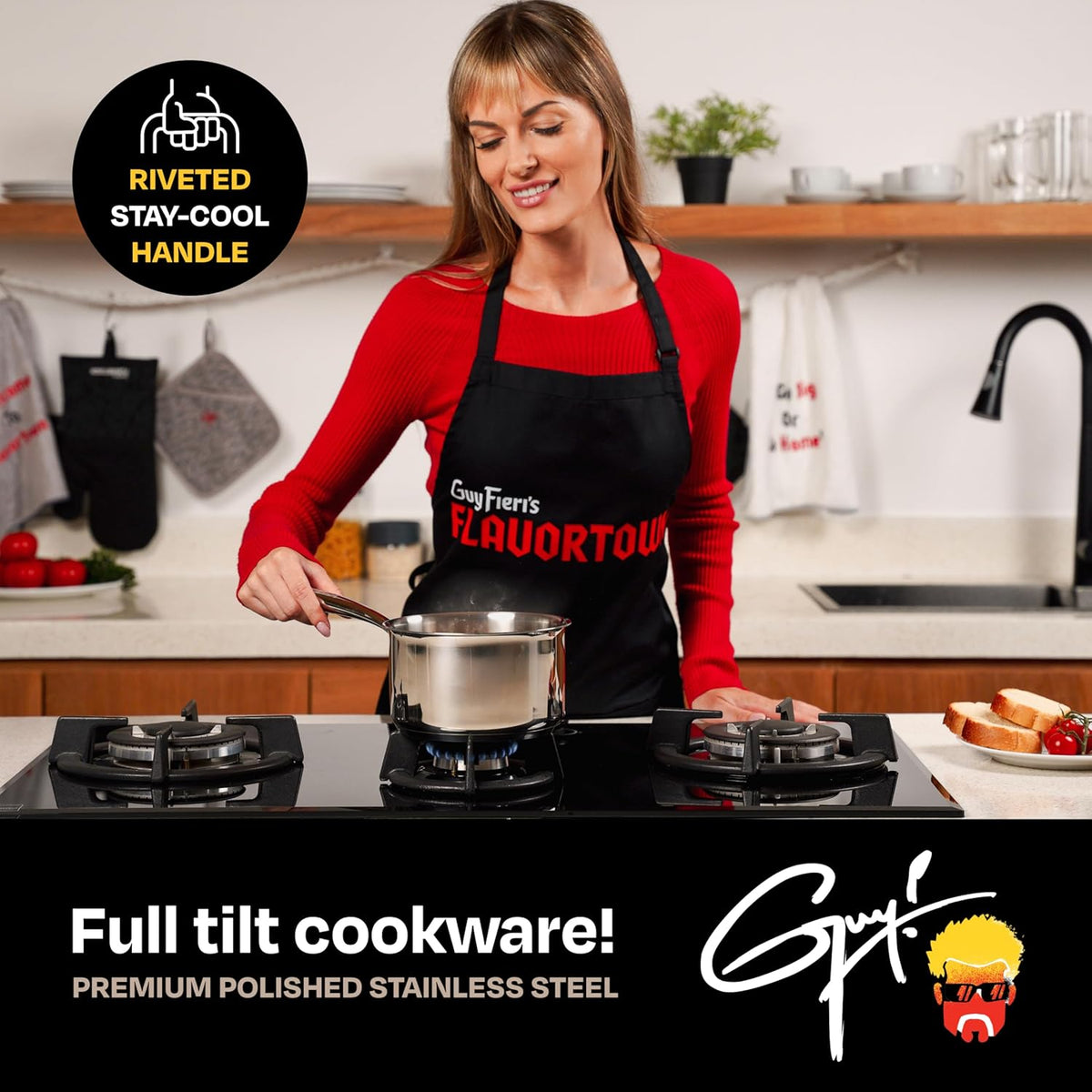 Guy Fieri's Flavortown 3.2-Quart Stainless Steel Sauce Pan with Tempered Glass Lid - Kitchen Cookware with Tri-Ply Base, Oven Safe to 500°F, Dishwasher Friendly, Works with Gas & Induction Cooktops
