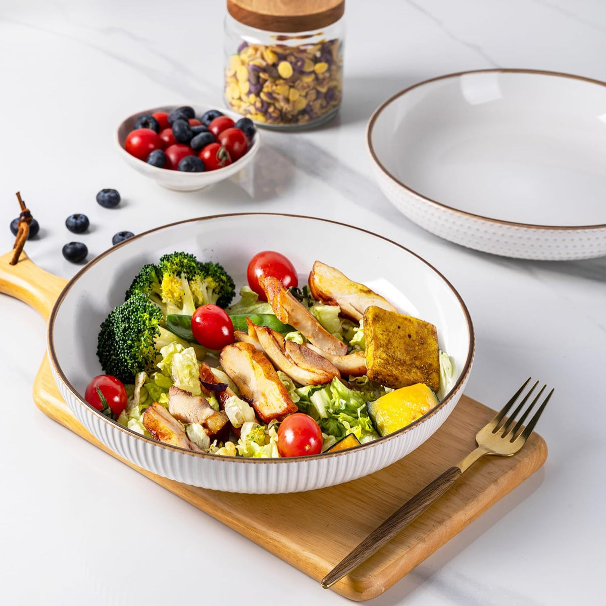 GBHOME 9.5'' Large Pasta Bowls, 42 Ounce Stoneware Salad Bowls for Kitchen, Ceramic Serving Bowls With Textured Pattern for Pasta,Fruit, Stews,Noodle, House-warming Gift,Set of 4-Off White