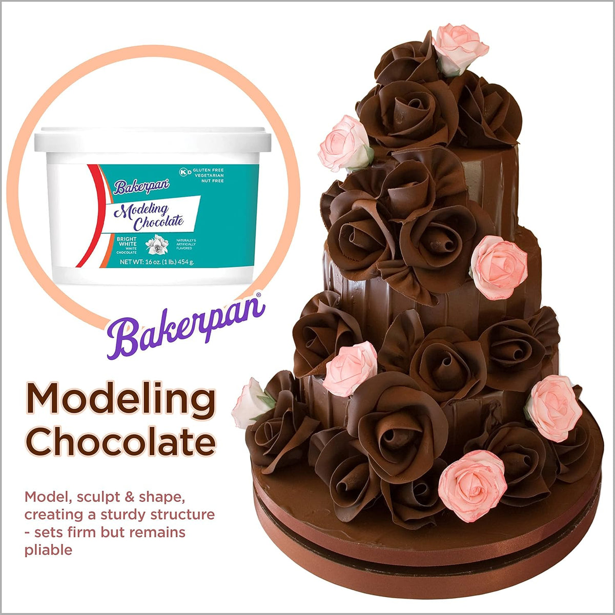 Bakerpan Bright White Modeling Chocolate - 1 Pound - Sculpt Cakes, Model Figurines, and Create Cake Toppers (Made in USA)