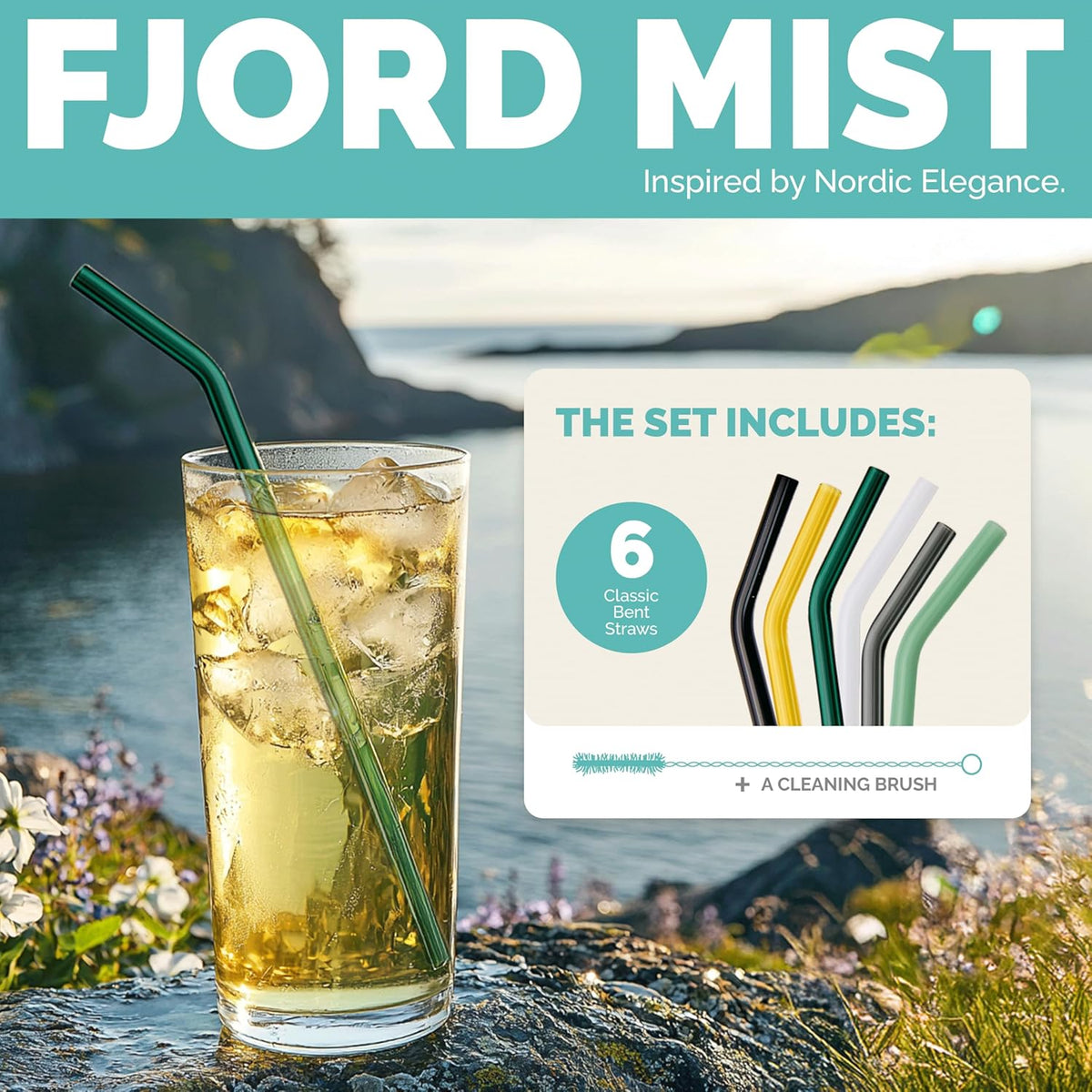 Simply Straws 10 Inch Glass Straws Bent (6-Pack) – Reusable Glass Straws for 24 Oz Mason Jars & Tumblers, with Cleaning Brush – Durable, Dishwasher Safe, Hot & Cold Use, BPA-Free (Fjord Mist)