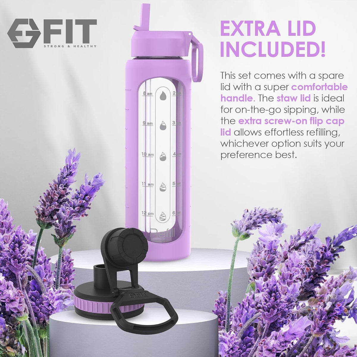 FIT Strong & Healthy 32 oz Glass Water Bottle with Straw Lid, Time Marker, Sleeve & Extra Lid - Motivational, Wide Mouth 1 Liter Glass Drinking Bottle