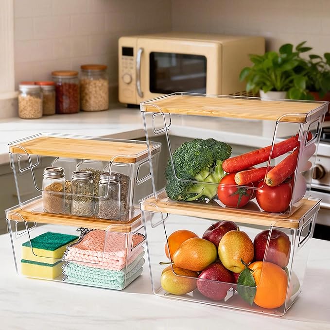 Criusia 2 Large and 2 Small Pantry Organizers and Storage with Bamboo Lids, Stackable Clear Bins for Onion, Potato, Fruit, Vegetables, Trash Bag Dispenser, Kitchen and Under Sink Organizer