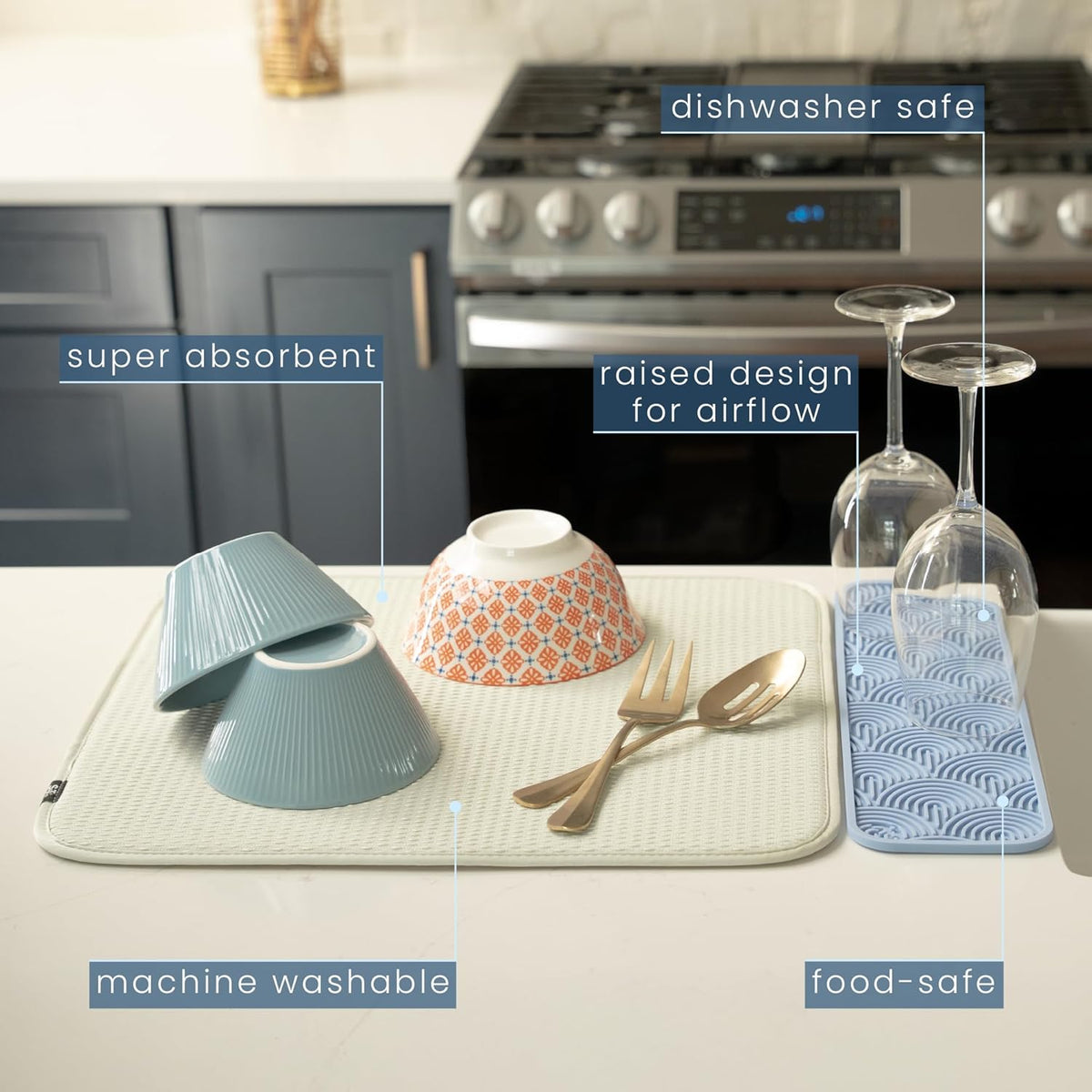 S&T INC. Dish Drying Mat 16" x 18" and Food-Safe Silicone Bar Mat 15" x 4.5", Absorbent Microfiber Kitchen Counter Mat, Dish Drying Pad for Dishes, Utensils, Pots, Pans, Diamond Texture, Cream + Blue