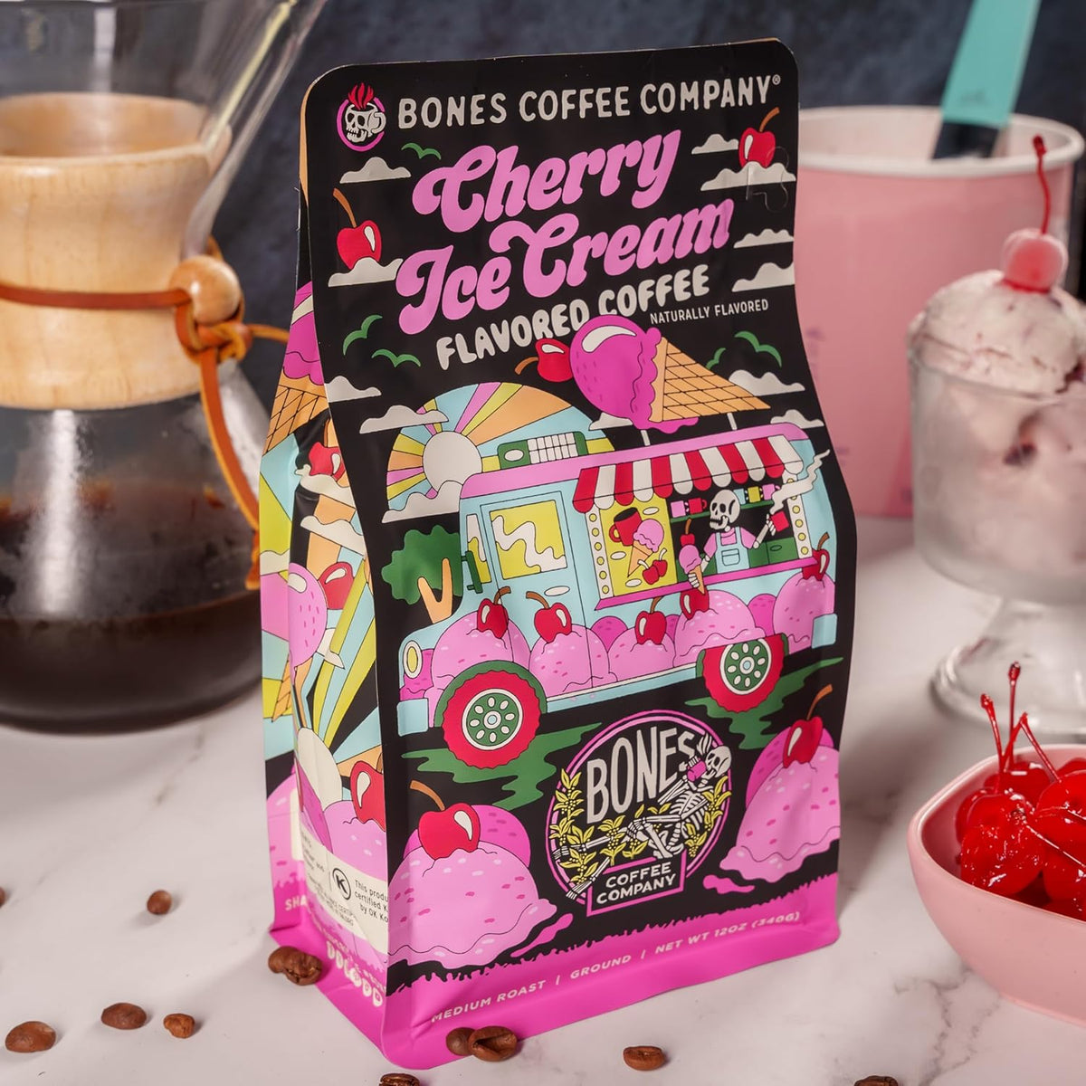 Bones Coffee Company Cherry Ice Cream Flavored Coffee, Medium Roast Low Acid Arabica Beans Compatible with Auto drip and French Press Coffee Maker, 12 Oz Whole Bean