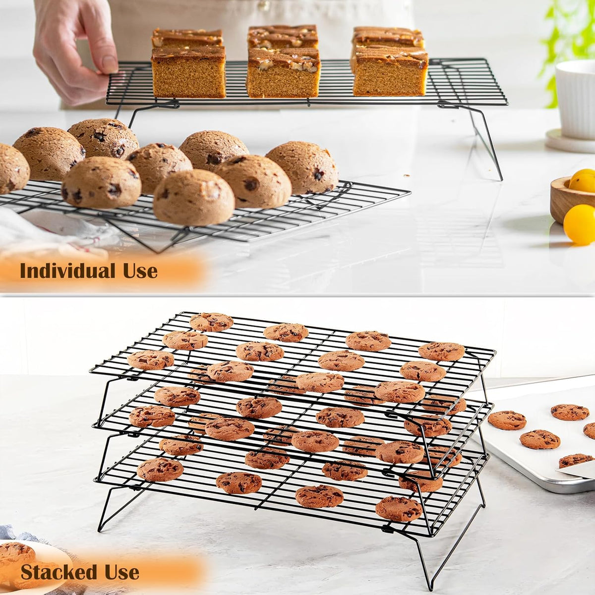 3-Tier Cooling Racks for Cooking and Baking - 13" x 9.6" Stackable Heavy Duty Stainless Steel Wire Rack for Baking, Grilling, Roasting - Oven & Dishwasher Safe - Black