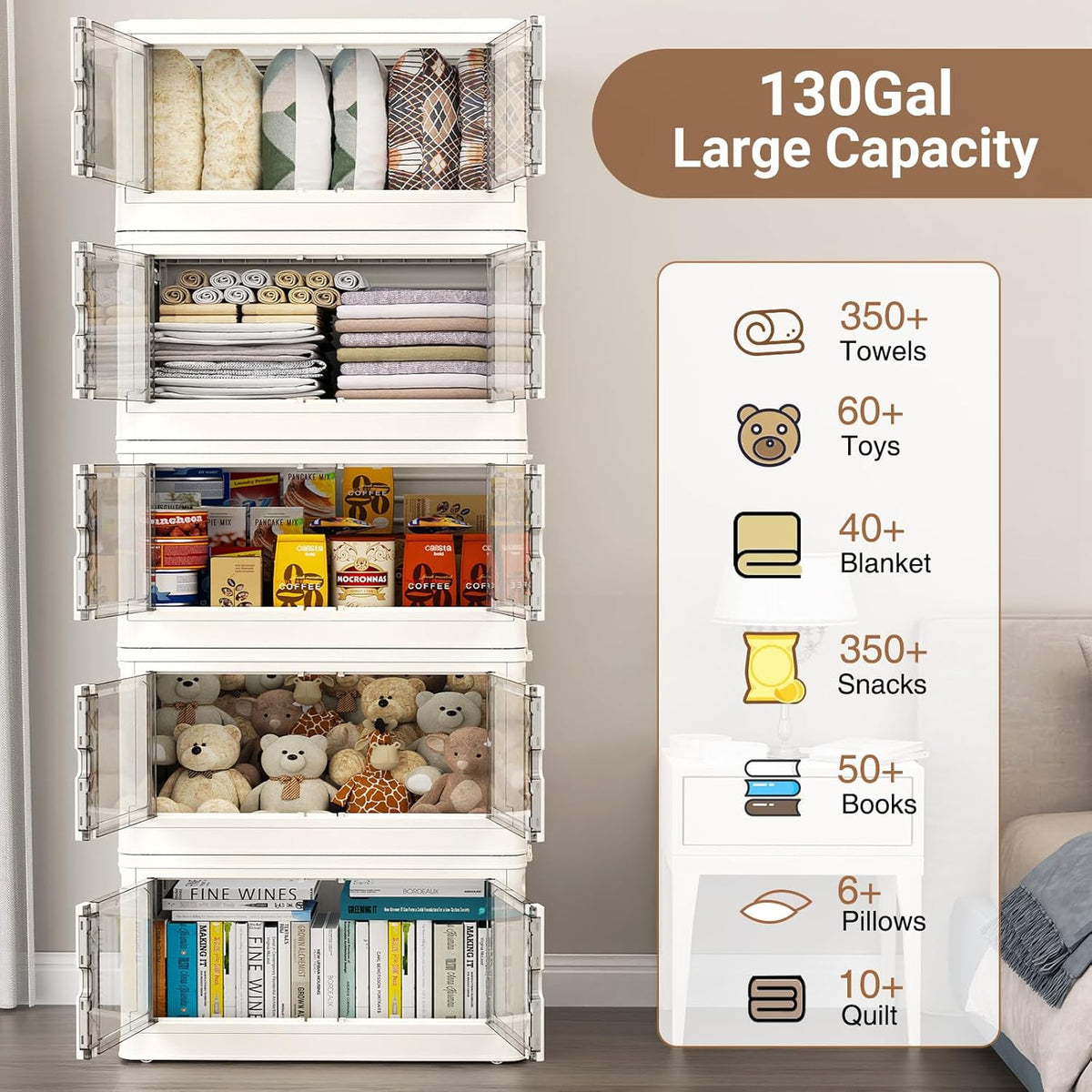 460Qt Stackable Storage Bins with Individual Lids & Wheels, Large Plastic Collapsible Latching Boxes Closet Organizers and Storage Cabinet Shelves Units for Home Kitchen Dorm, 4-Pack White