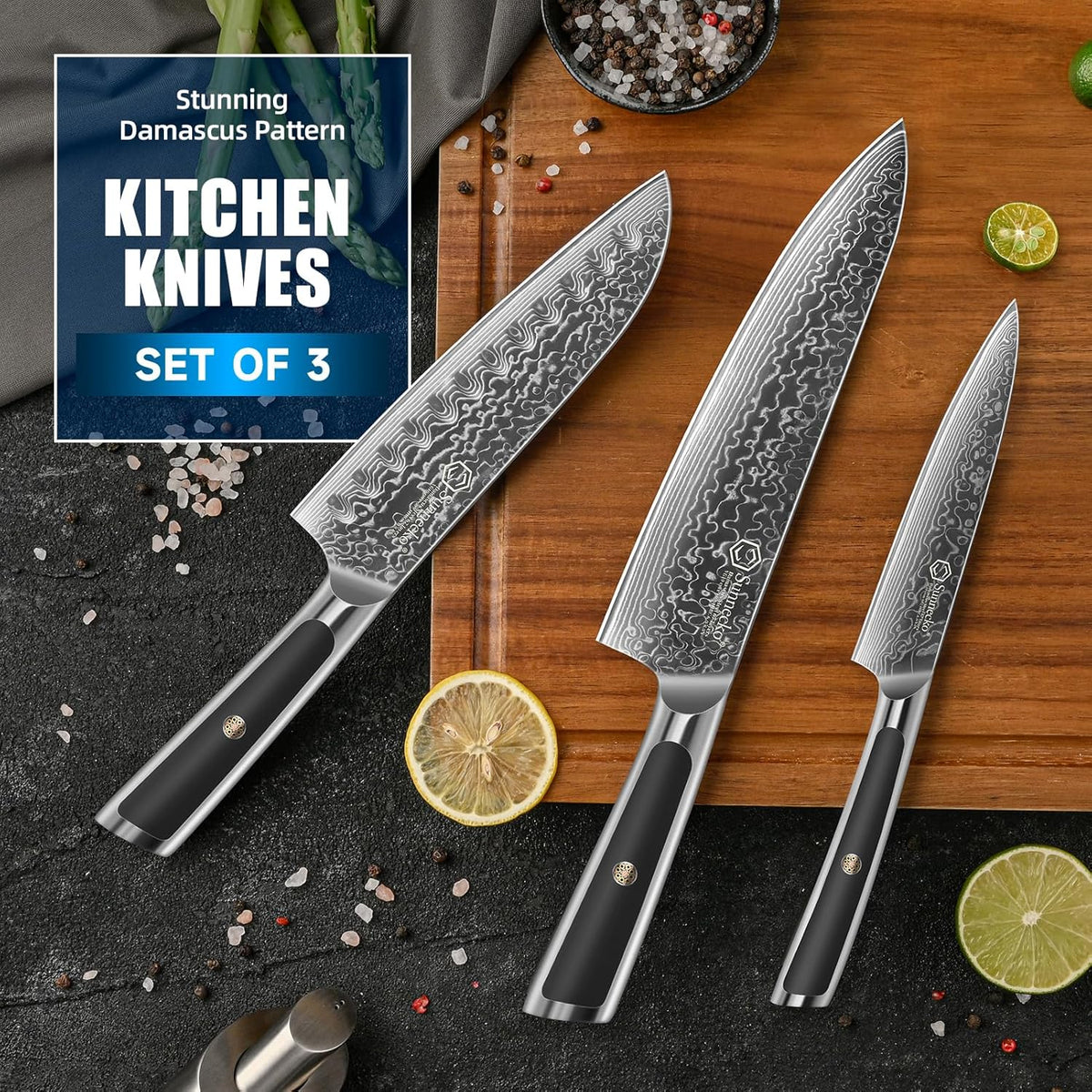 Sunnecko Kitchen Knife Set 3 Piece Chef Knife Set Professonal, Damascus Steel Kitchen Knives Sharp, Gift Box