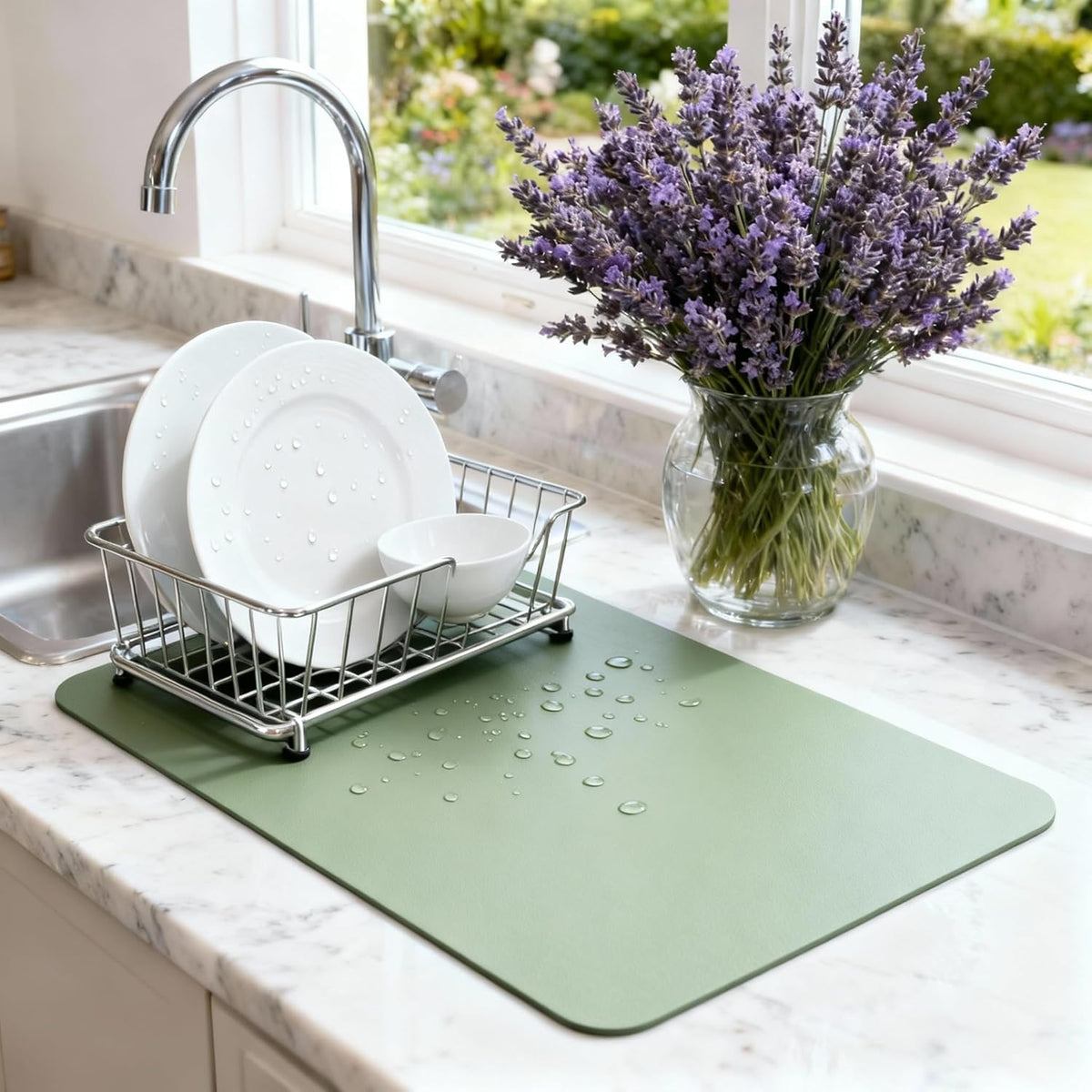Dish Drying Mat Super Absorbent – 24" x 16" Coffee Mat for Countertops – Non-Slip Drying Mat for Kitchen Counter – Easy to Clean Water Absorbent Mat – Large Dish Drying Mats (Sage)