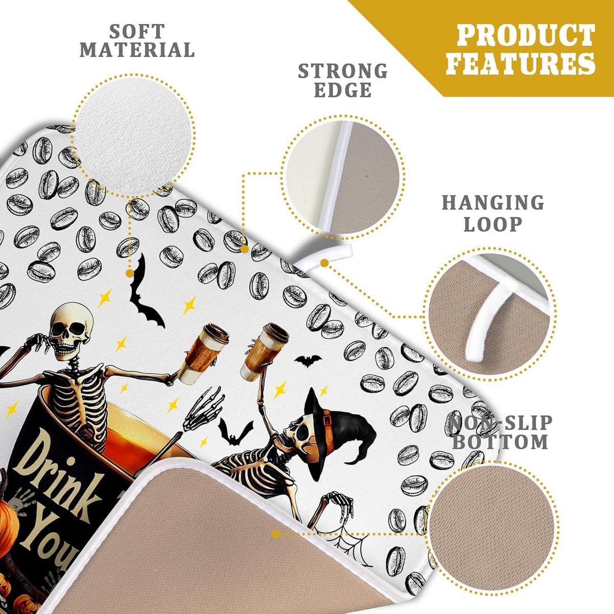 Funny Skull Coffee Matt for Counter Skeleton Dish Drying Mat Halloween Decoration for Home Coffee Bar