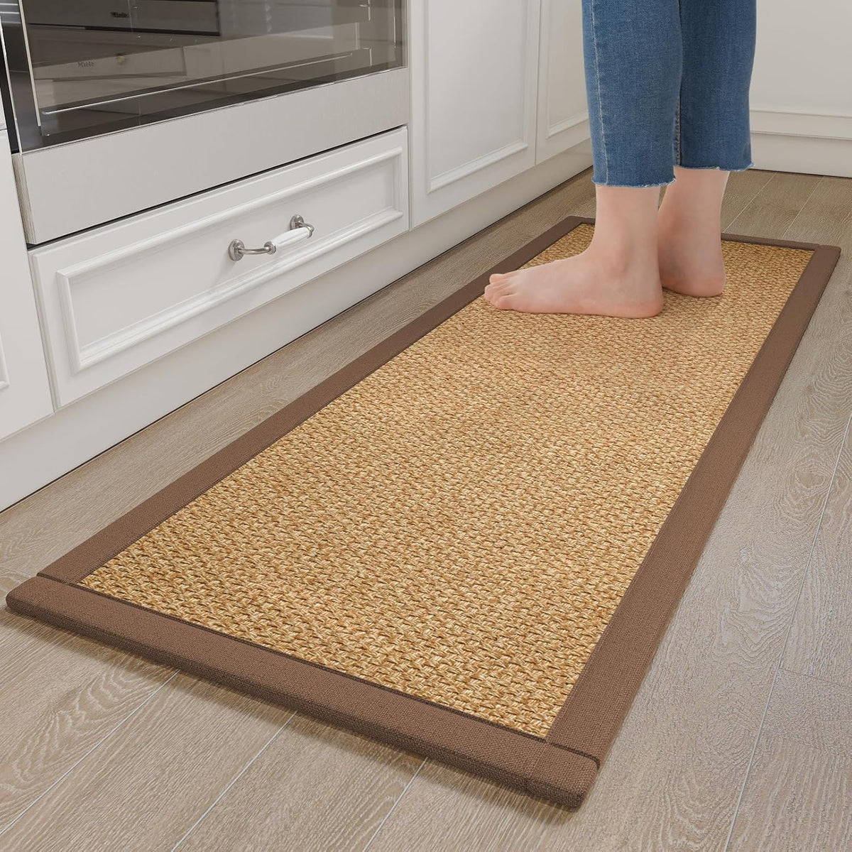 Kitchen Rugs Non Slip Washable, Anti Fatigue Cushioned Kitchen Mats for Floor, Super Absorbent Jute-Look Kitchen Sink Mat Standing Mat for Office, Laundry, Brown 17"x47"