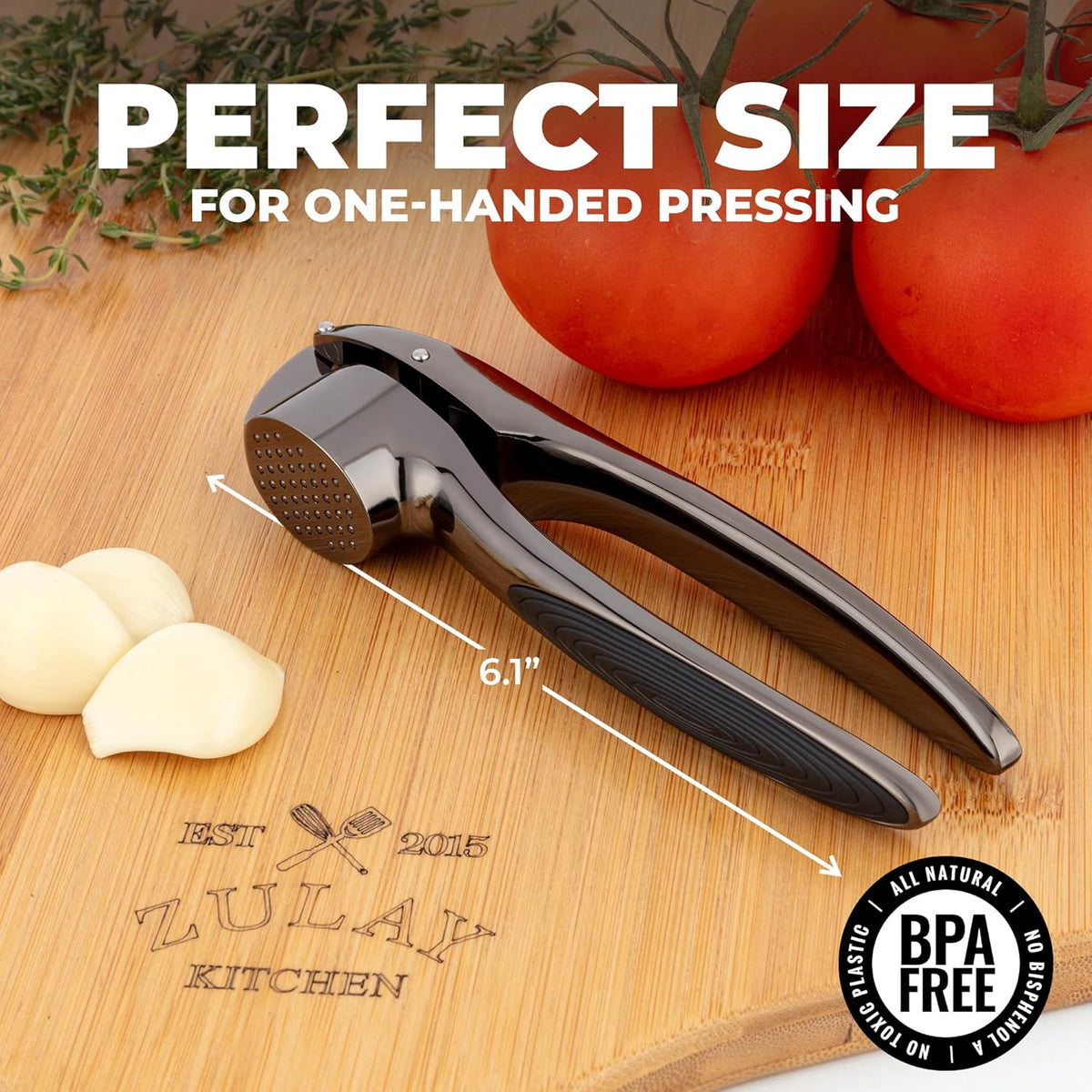 Zulay Kitchen Premium Garlic Press Set – Rust Proof & Dishwasher Safe Garlic Mincer Tool with Silicone Garlic Peeler & Brush, Easy Squeeze & Clean, Ergonomic Soft Grip Handle - Medium – Dark Gray