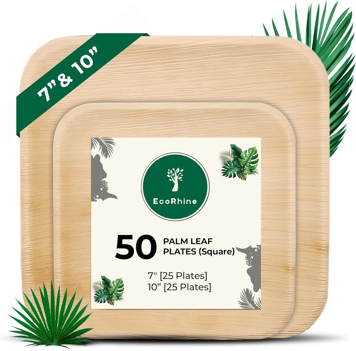 Palm Leaf Disposable Plates - Bamboo Plates Disposable 7" &10" Inch Square (25pc 7" & 25pc 10") - 100% Compostable & Biodegradable Plates - Heavy-Duty, Party Dinnerware Set - Microwave & Oven