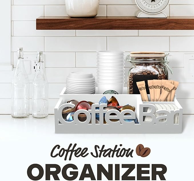 Coffee Bar Organizer for Countertop – Wooden Coffee Station Caddy with Compartments for Pods, Condiments, Tea, and Accessories – Home and Office Mini Coffee Station Organizer (White)
