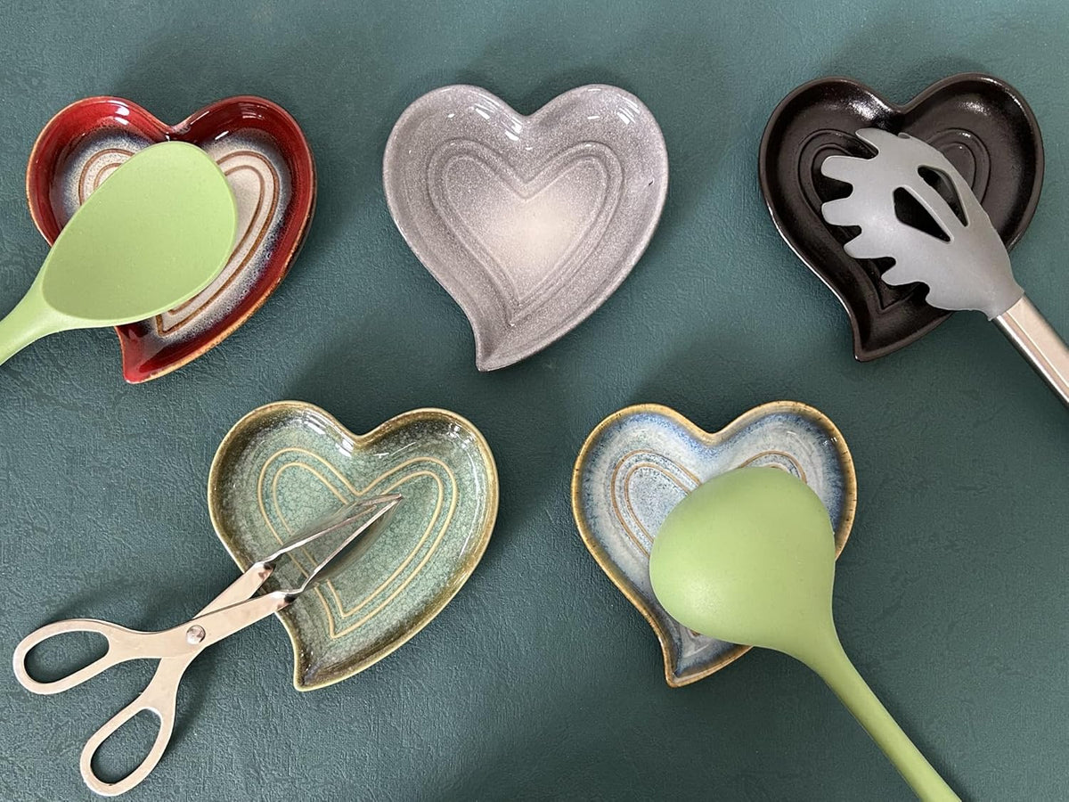 Ceramic Spoon Rest for Stove Top, Heart Cute Spoon Rest for Kitchen Counter, Cooking Spoon Holder for Kitchen Counter, Utensil Rest Spatula Rest Ladle Holder Tong Rest (Volcanic Ash Grey)