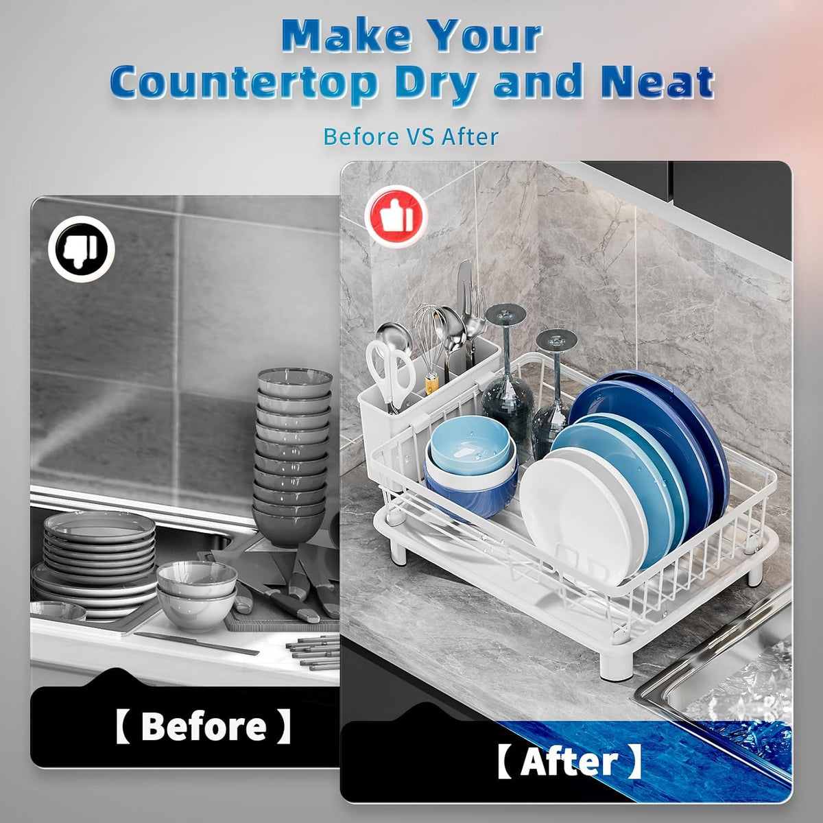 Dish Drying Rack, Space-Saving Dish Rack, Dish Racks for Kitchen Counter, Drying Rack Kitchen with Removable Utensil Holder, and Automatic Drainage Drainboard, 11''W x 15''L, White