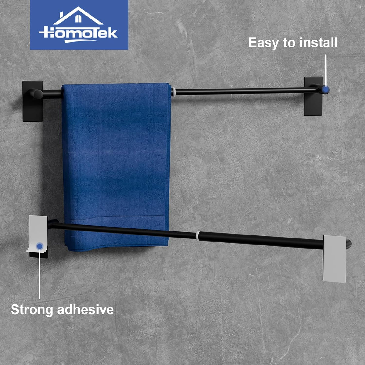 Adjustable AdhesiveTowel Bar 2 Pack, HOMOTEK Economical Self Stick Single Towel Holders, Towel Rod Size from 12 Inch to 22 InchTowel Racks, Towel Hanger Hook for Kitchen(Matte Black)