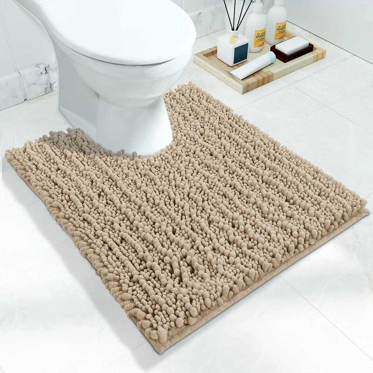 Yimobra Toilet Rug U Shaped Washable 24x20 Inch - Ultra Soft Absorbent Chenille Bath Rugs for Toilet, Quick Dry & Machine Washable, Non Slip Contour Bathroom Mat, Pale Khaki