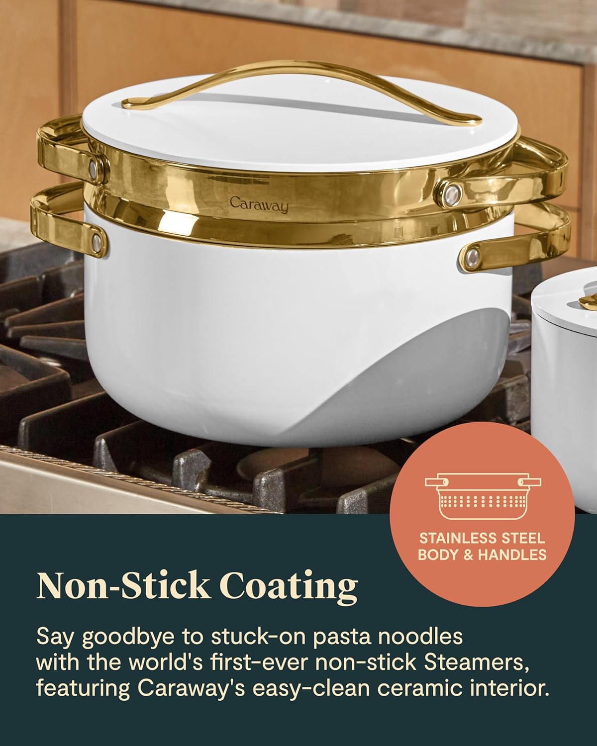 Caraway Steamer - Stainless Steel Steamer with Handles - Non Stick, Non Toxic Coating - Steam Veggies, Seafood, and More - Compatible With Our Dutch Oven or Sauce Pan - Large, 6.5qt - Gold