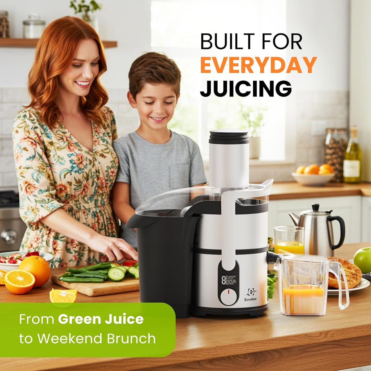 Eurolux 800W Premium Centrifugal Juicer for Whole Fruits and Vegetables – TurboJet Extraction System – 5-Speed Dial with Digital Display – Wide 3” Feed Chute – Easy to Clean – BPA-Free- Stainles Steel