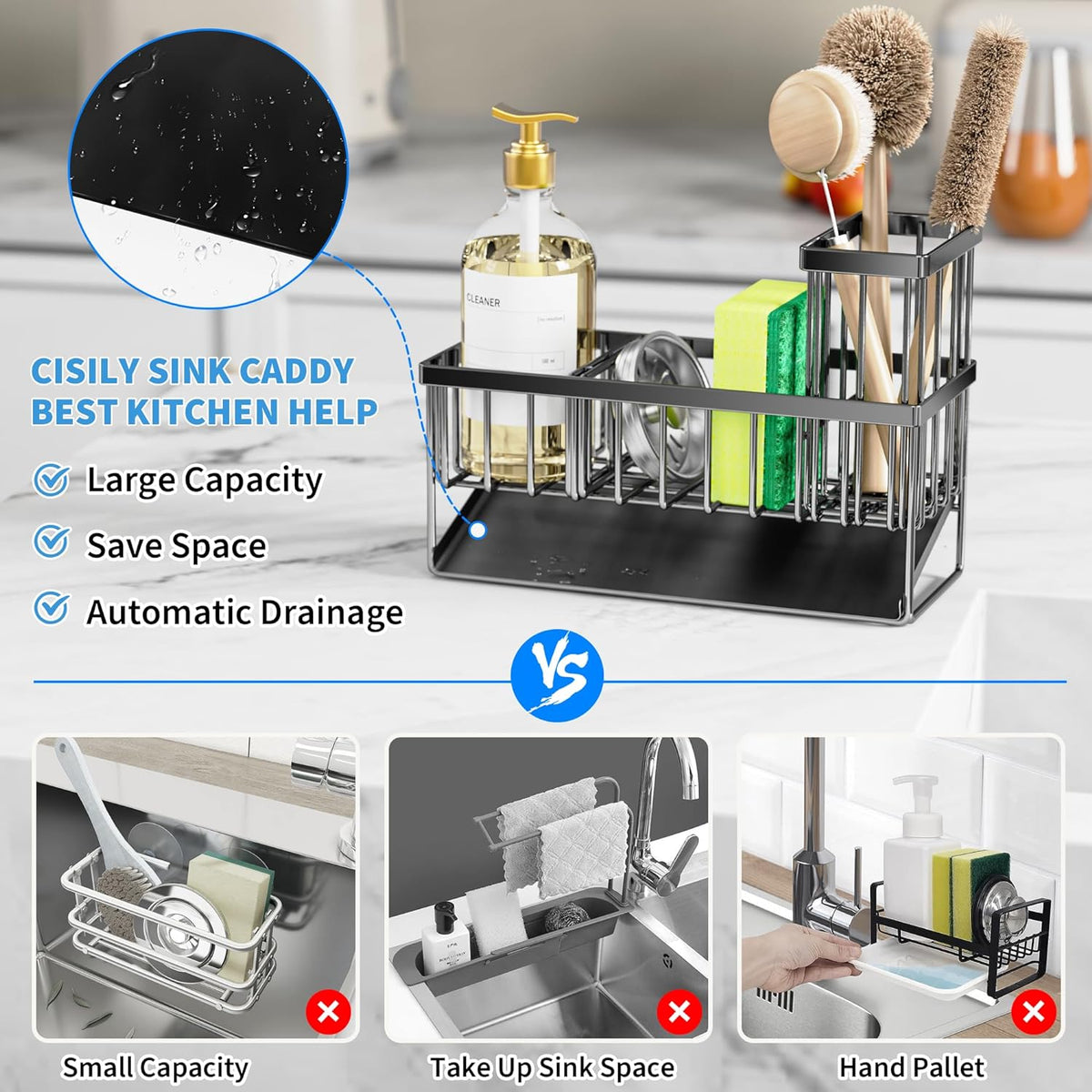 Cisily Kitchen Sink Caddy Organzier with High Brush Holder, Sponge Holder for Sink, 304 Rustproof Stainless, Kitchen Countertop Soap Dispenser Organizer, Kitchen Decor and Accessories