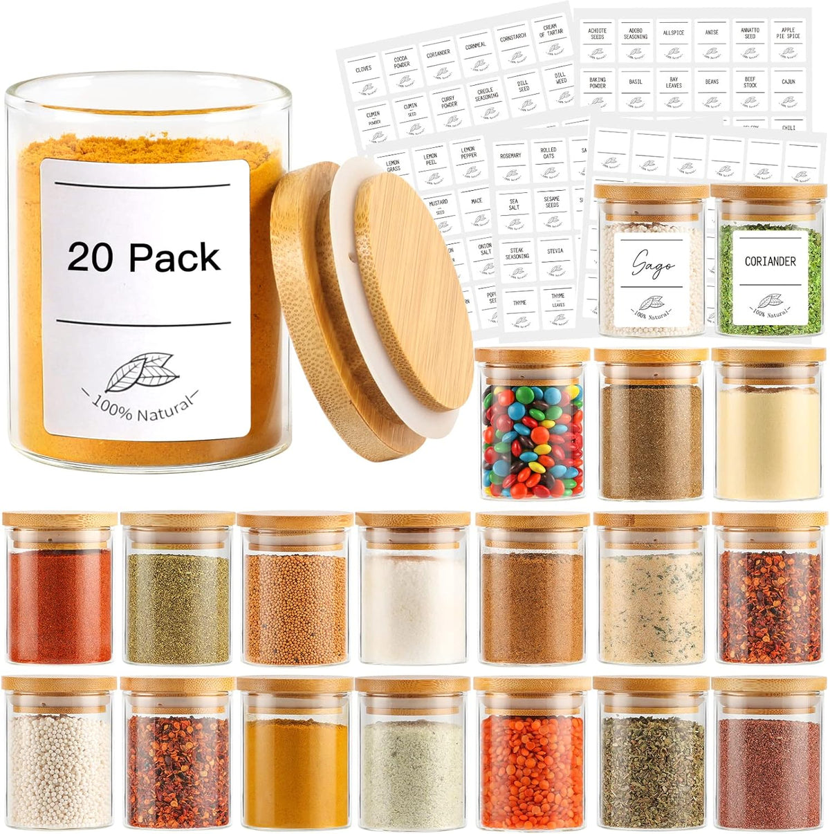 4oz Glass Spice Jars with Bamboo Lids, 20 Pack Clear Borosilicate Glass Food Storage Containers with Wooden Airtight Lids, Cylinder Glass Bottles with Lids for Kitchen Spice Sugar Salt Coffee Tea