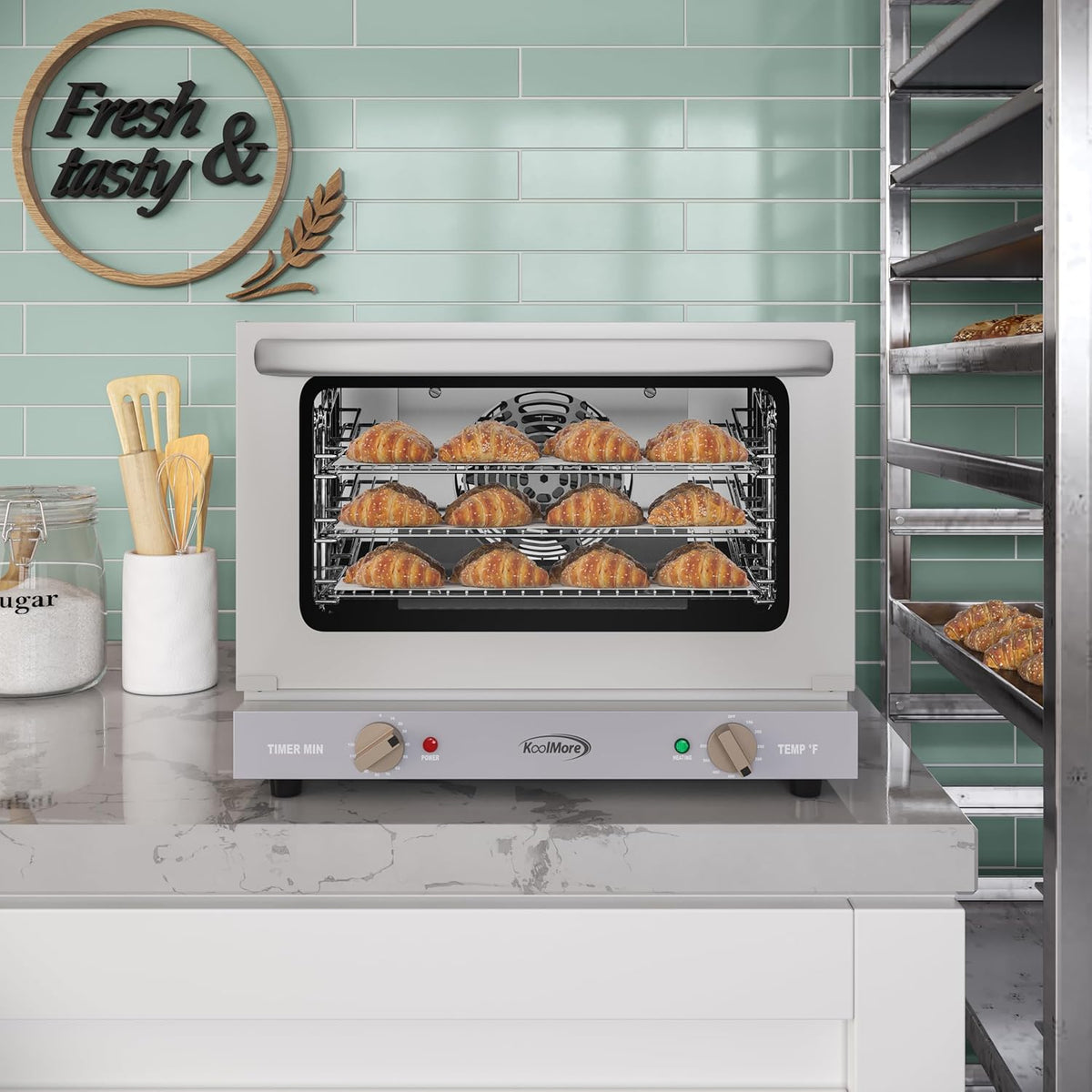 KoolMore 19 in. Countertop Convection Oven for Quarter-Size Pans with 3 Racks 1440W of Power in Stainless-Steel, 0.8 cu. ft. ETL Listed (KM-CTCO-08)