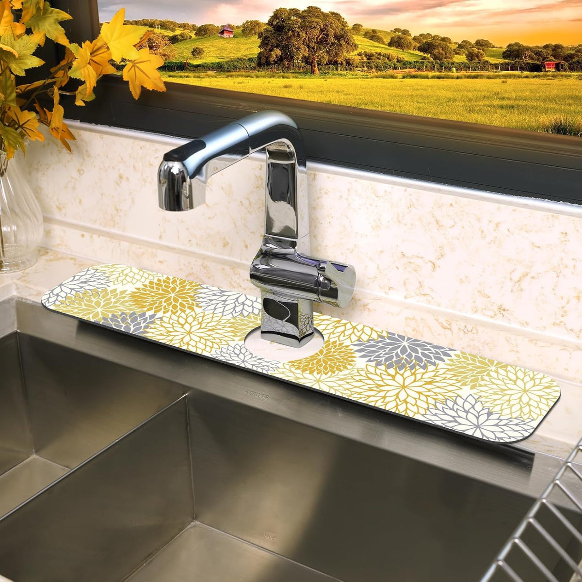 Findosom 2PCS 16" x 24" Dish Drying Mat & 24" x 5.5" Sink Splash Guard, Super Absorbent & Cuttable Dish Mat Drying Kitchen Mat with Yellow Floral, Hide Stain Drying Mat for Kitchen Counter