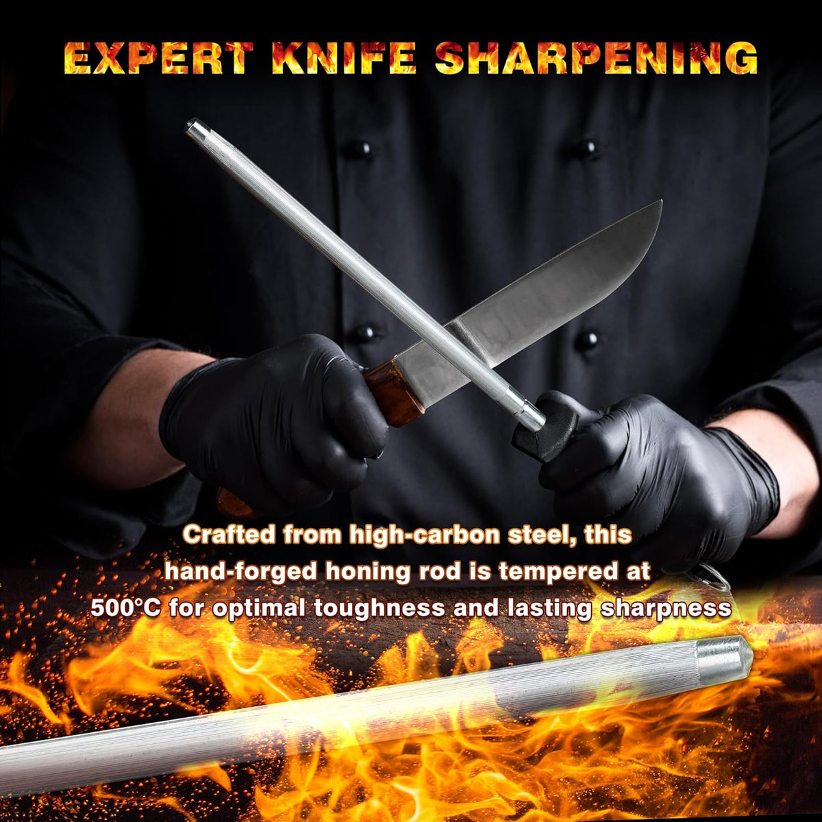 Knife Sharpener Rod, Kitchen Knives Sharpener Carbon Steel Professional Knife Sharpening Steel, Honing Rod with Hanging Holes (13 inches)